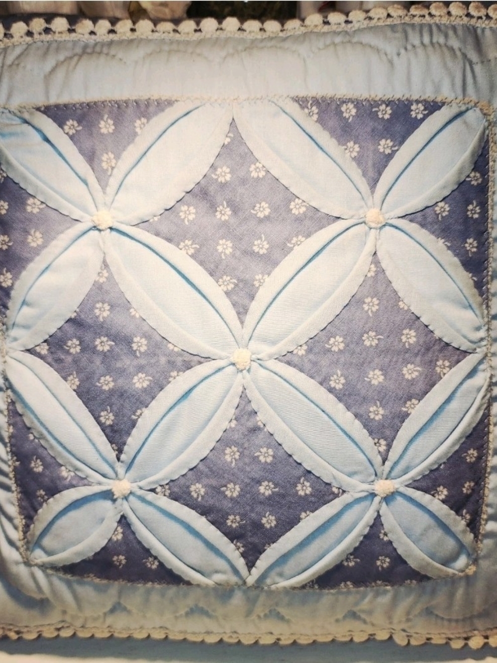 Vintage  Hand Sewn Quilted CATHEDRAL WINDOW PILLOW 12" Cover
